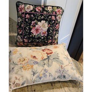 Lot of 2 Floral Pillows.  Katha DIDDEL WOOL Needlepoint 16" X 12" & 12x12" Blac